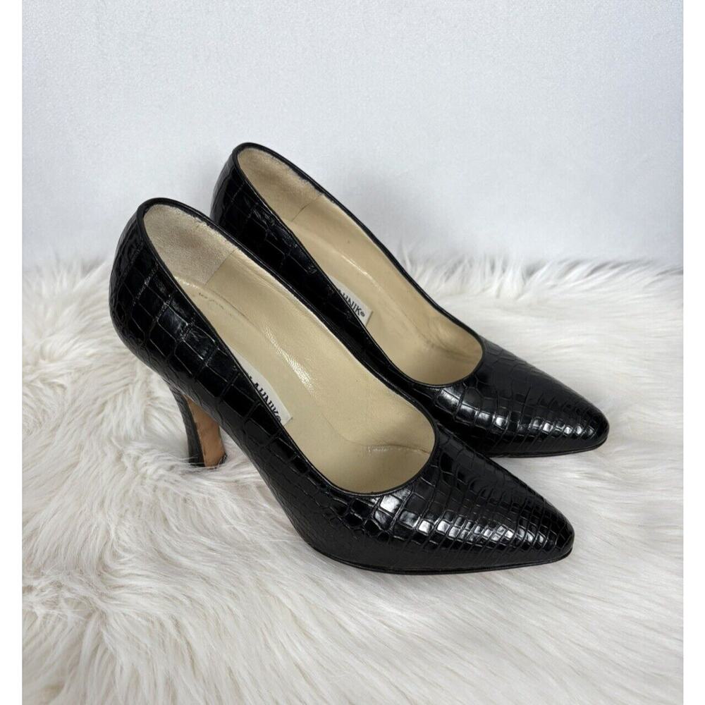 Manolo Blahnik Stiletto Pointed Toe Pumps Black Alligator Crocodile Size 37 - Picture 6 of 10